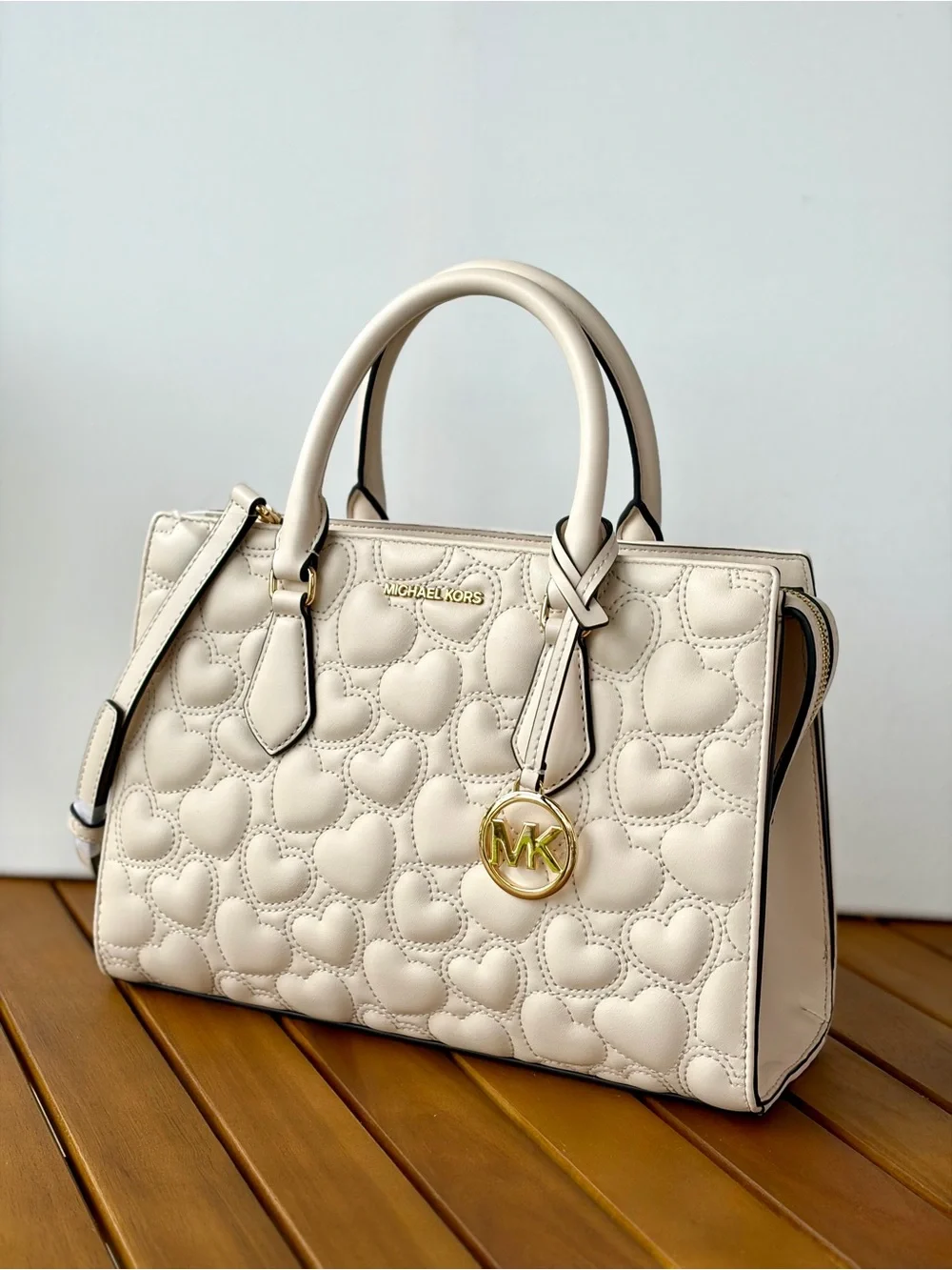 Michael Kors Cream Quilted Heart Satchel with Gold MK Charm